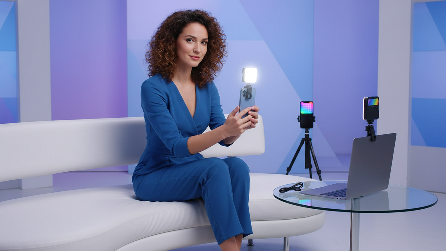 Woman in a blue outfit sitting on a white couch in a studio setting with camera equipment.