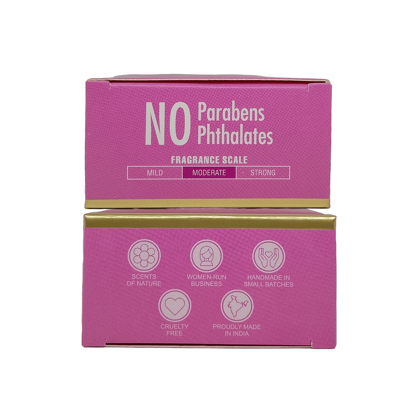 Two pink product boxes stacked vertically on a white background. The top box reads 'NO Parabens Phthalates' and 'FRAGRANCE SCALE' with mild, moderate, strong options.