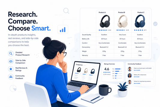 Illustration showing a consumer researching reviews, comparing products, and evaluating options before making an online purchase.