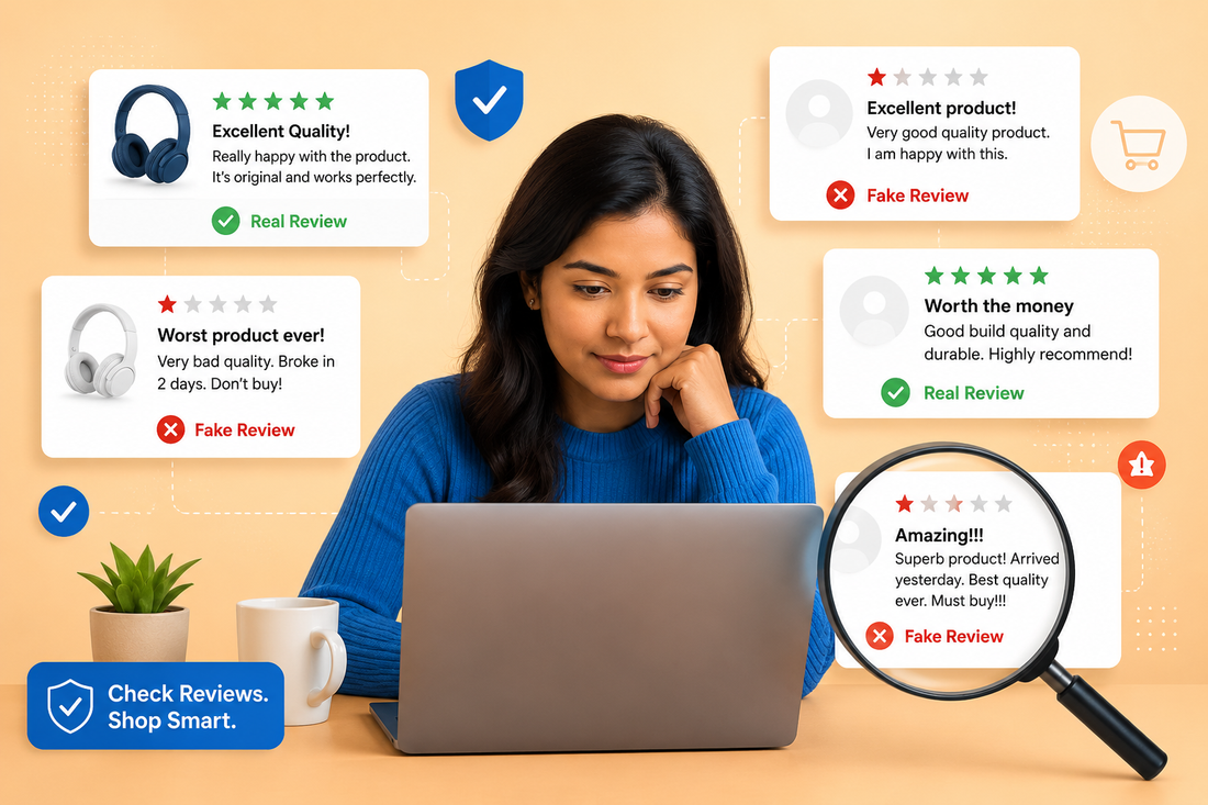 Person examining online product reviews with a magnifying glass to identify fake customer reviews before making a purchase.