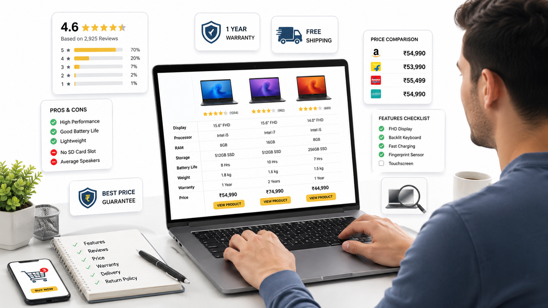 Shopper researching products online by comparing reviews, specifications, prices, and warranties before making a purchase.