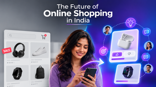Illustration showing the future of online shopping in India through interactive product discovery, community engagement, and brand experiences.