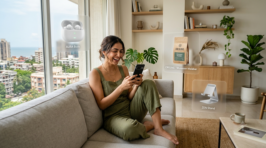 A young, stylish Indian woman smiling at her phone in a bright Mumbai apartment, surrounded by floating holographic product displays of wireless earbuds, artisanal coffee, and a phone stand.