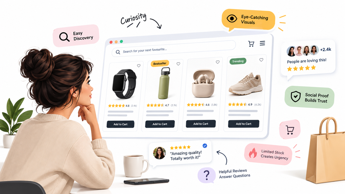 Consumer discovering products online through reviews, recommendations, and visual cues.
