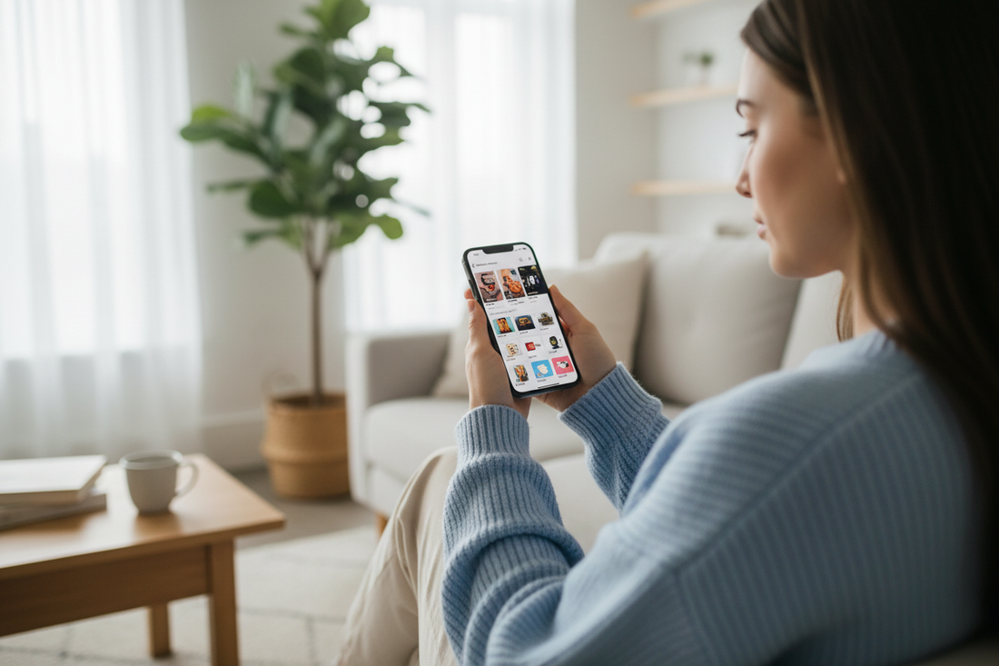 Woman relaxing on a couch at home browsing product recommendations on a shopping app, illustrating product discovery through mobile browsing