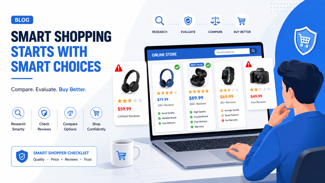 Smart online shopper reviewing products and identifying red flags before making a purchase.