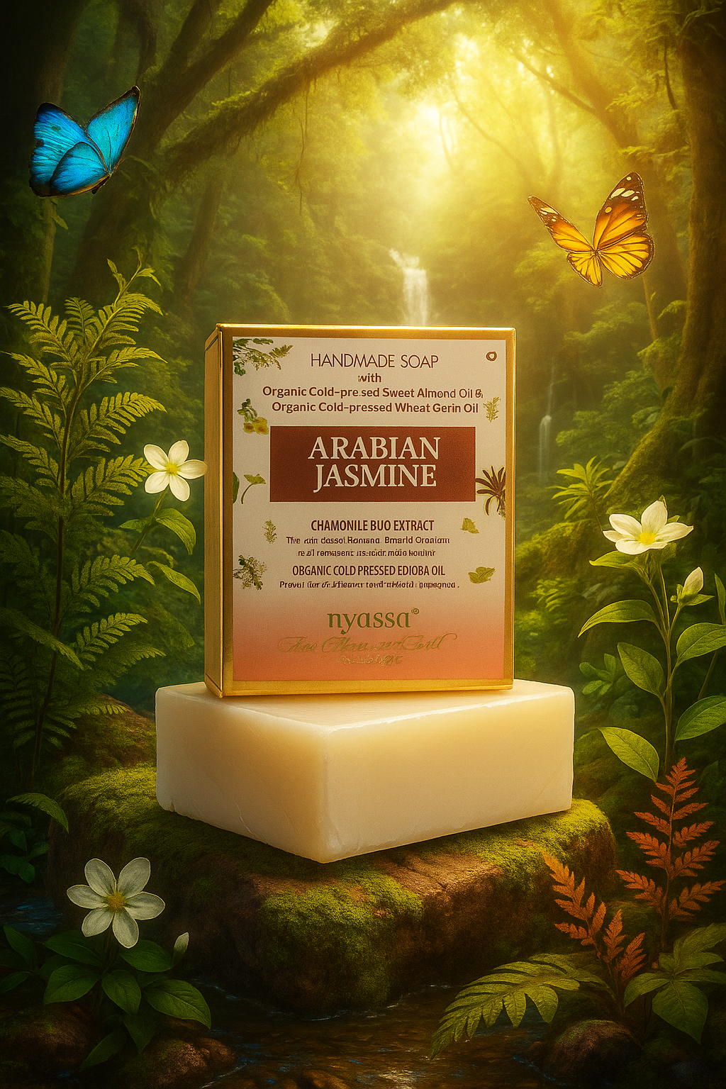 A boxed bar of handmade soap labeled 'Arabian Jasmine' stands on top of a cream-colored soap bar in a lush forest scene with glowing sunlight, butterflies, ferns, and flowers. The product box is cream and peach with a dark brown label panel.