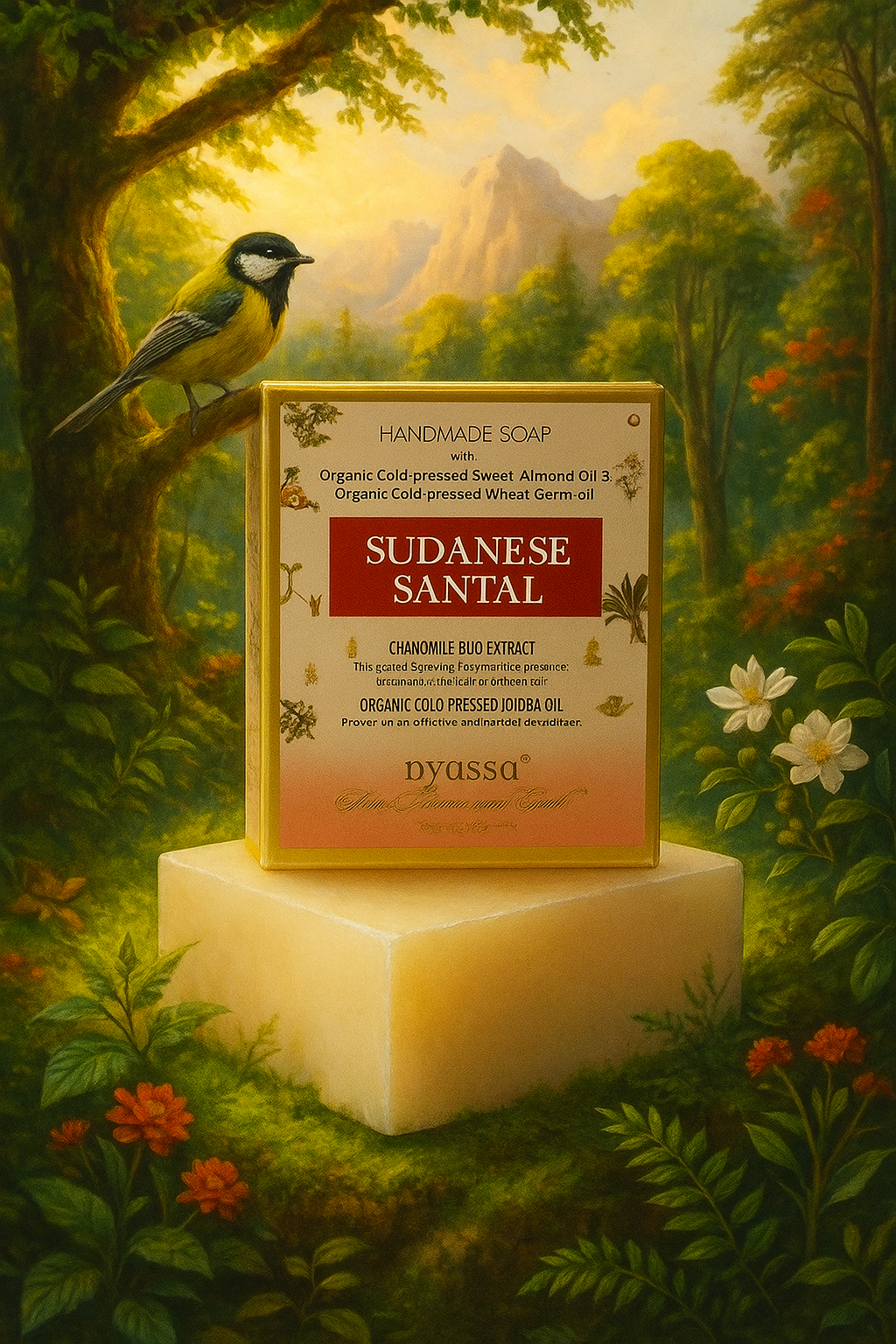A boxed bar of handmade soap labeled 'SUDANESHE SANTAL' by 'pyassd' sits on a cream-colored pedestal in front of a lush forest painting with a bird perched on the box.