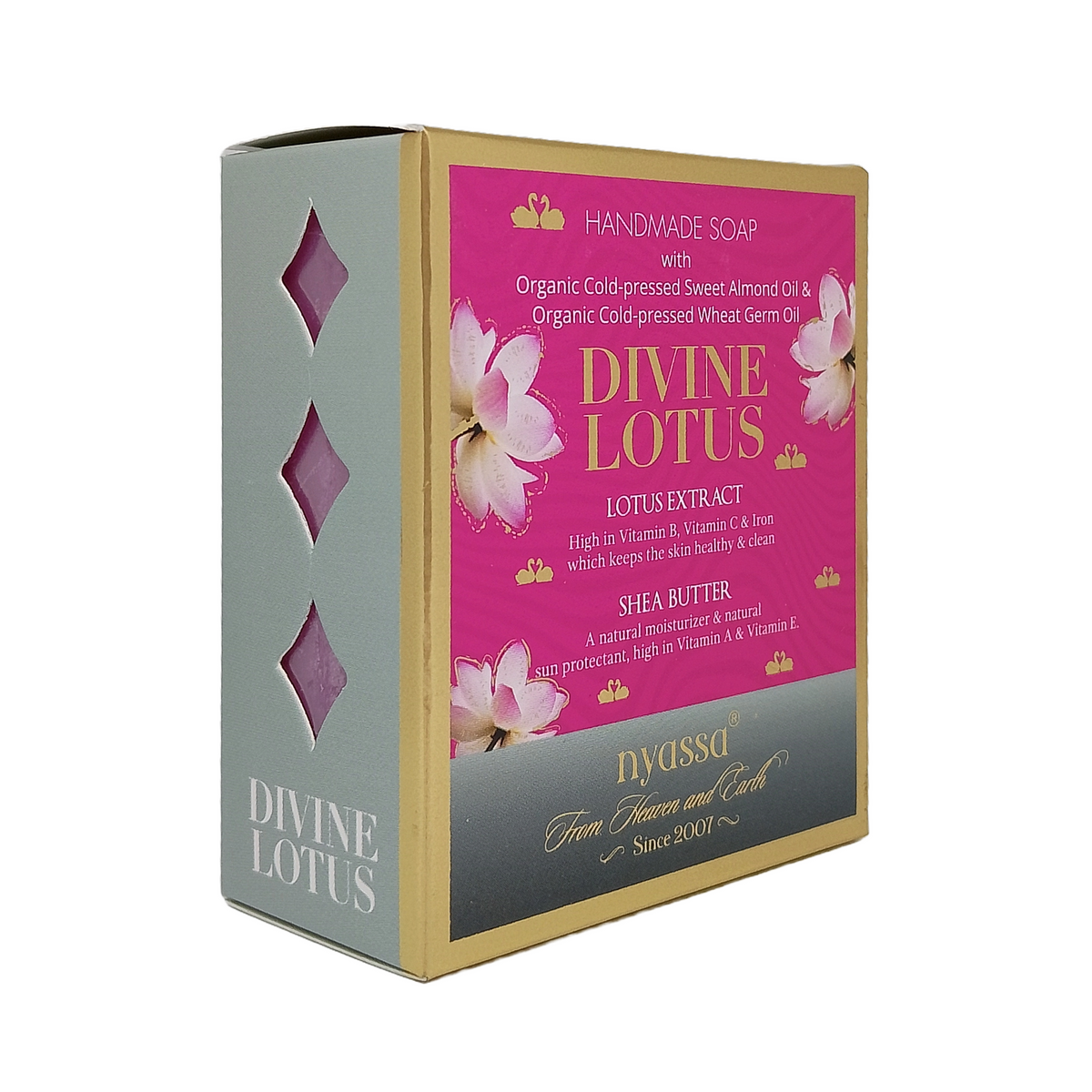 A boxed soap product labeled 'DIVINE LOTUS' with a pink front panel, gold border, and pale gray side panel. The box includes floral graphics and text describing handmade soap ingredients, and the brand name 'myossi' is visible near the bottom.