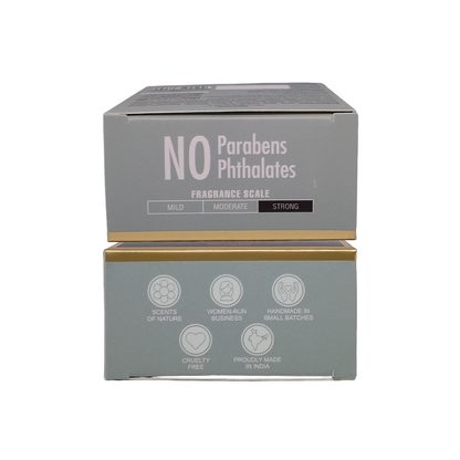 Two stacked rectangular product boxes on a plain white background. The top box is light gray with large white text reading 'NO Parabens Phthalates' and smaller text 'FRAGRANCE SCALE' with 'MILD', 'MODERATE', and 'STRONG' labels.