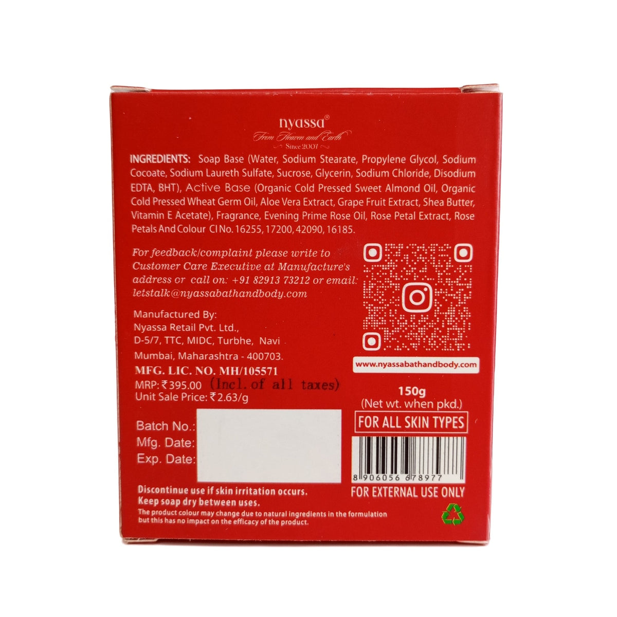 The back of a red box of Nyasubhandi body soap, showing product details, ingredients, a QR code, and a barcode.