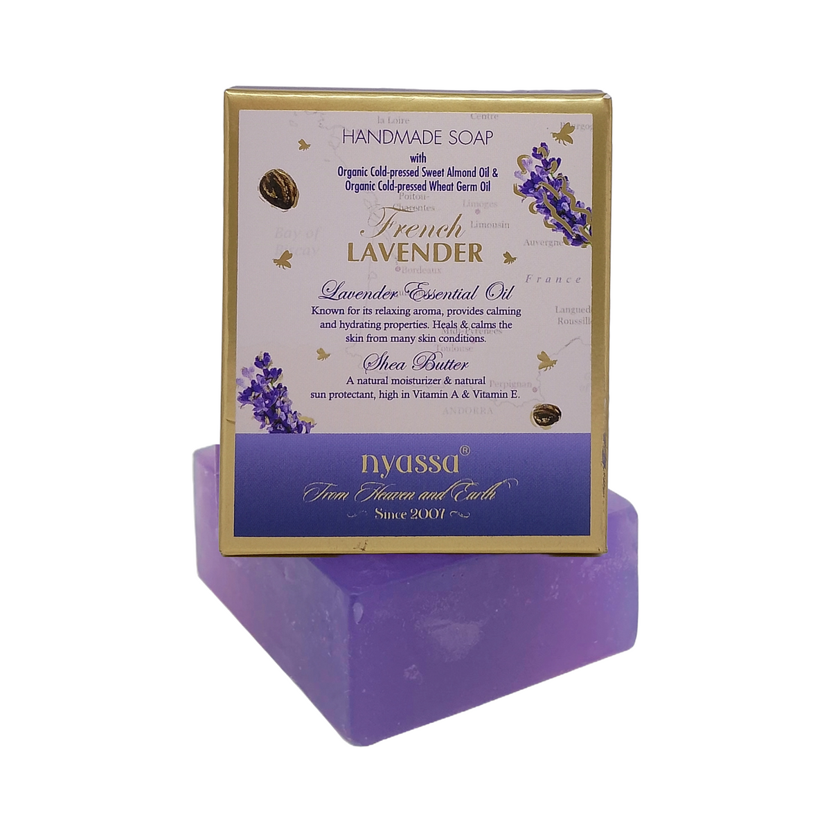Handmade soap with a packaging label featuring lavender design on a white background