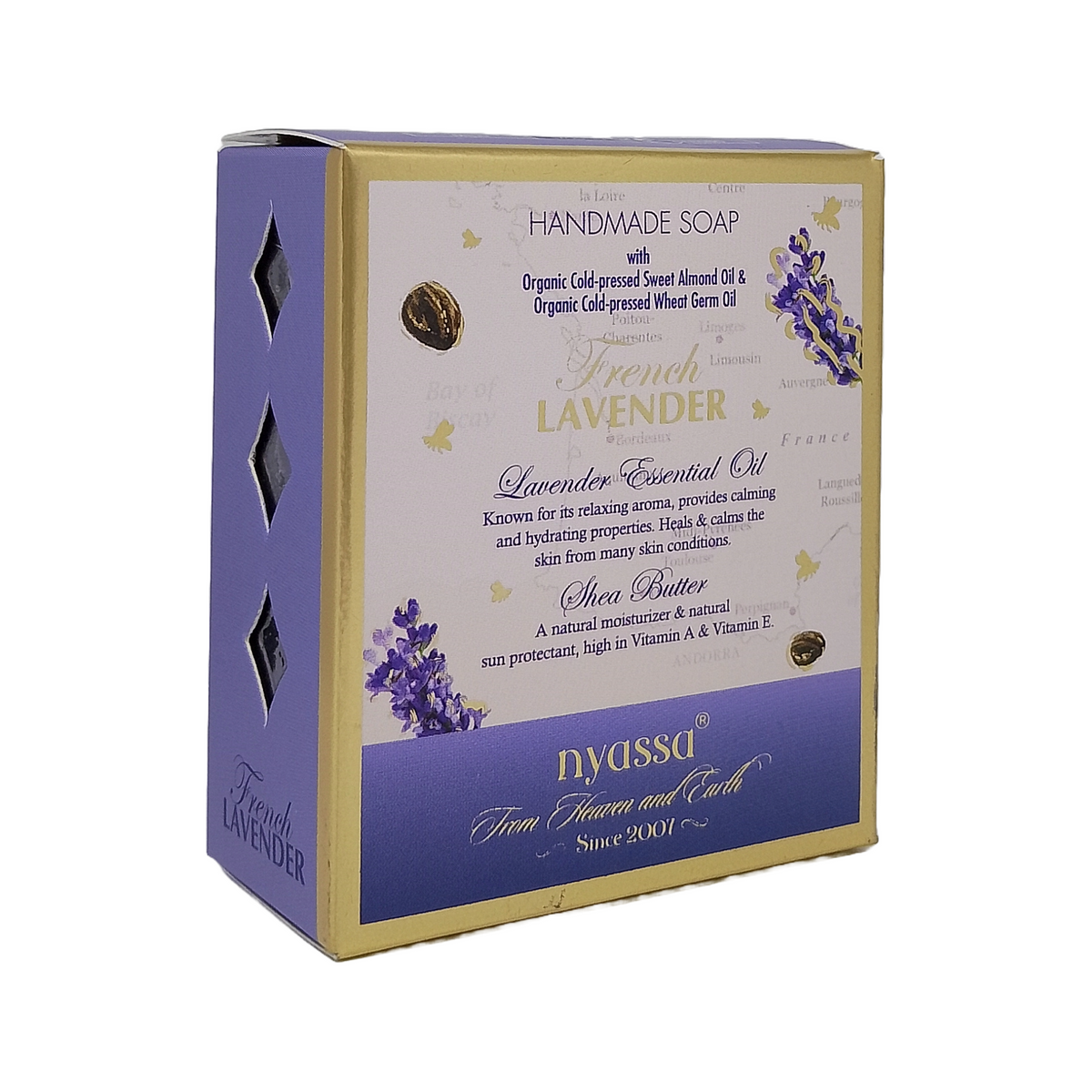 Nyassa Handmade Soap French Lavender bar soap in a rectangular box with a lavender and gold design, set against a plain white background.