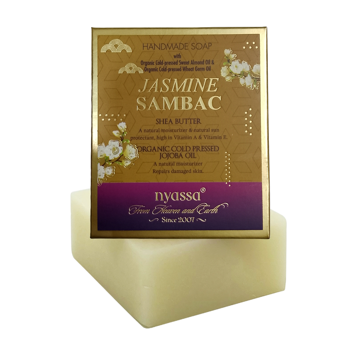 Nyssa Jasmine Sambac handmade soap bar with its gold and purple packaging box, displayed on a clean white background.