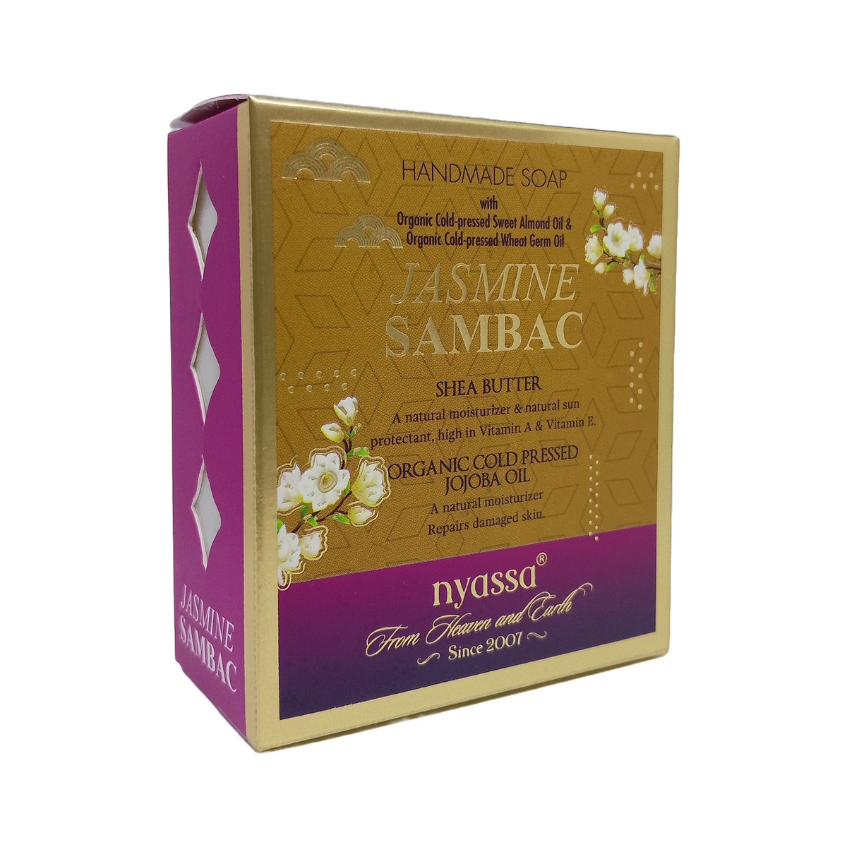 Nyassa Jasmine Sambac handmade soap in a rectangular box with a gold and purple design, featuring white jasmine flower illustrations.