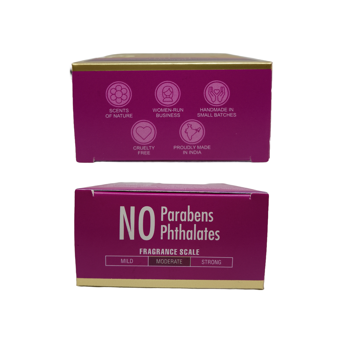 Two magenta-colored product boxes stacked vertically on a white background. The top box shows six circular icons with text about being a women-run business, scents of nature, handmade in small batches, cruelty free, and proudly made in India.