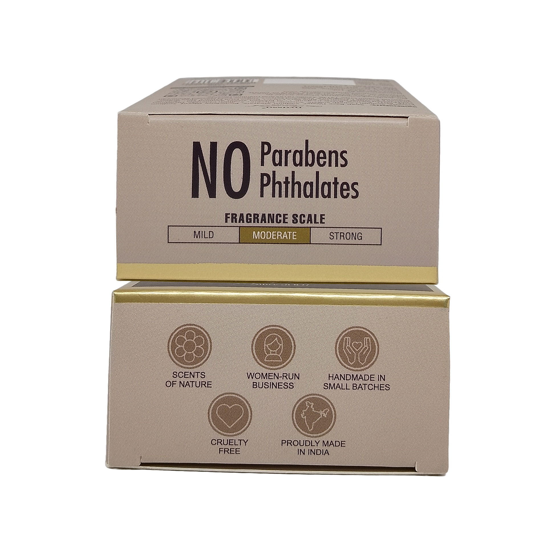 Two stacked beige cardboard boxes for a fragrance product labeled 'NO Parabens Phthalates' with a gold band and printed icons on the lower box, shown on a plain white background.