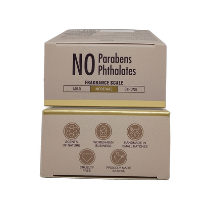 Two stacked beige cardboard boxes for a fragrance product labeled 'NO Parabens Phthalates' with a gold band and printed icons on the lower box, shown on a plain white background.