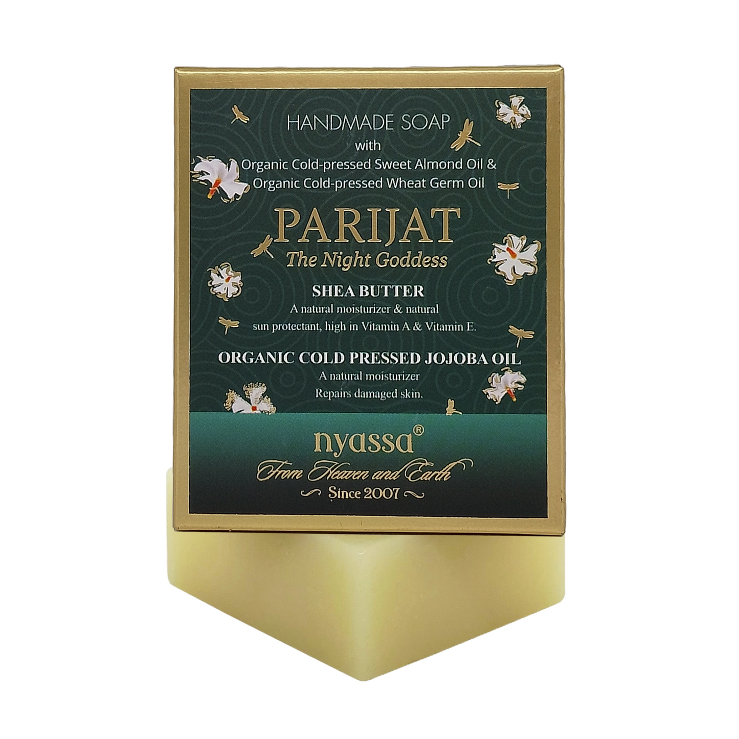 Nyassa Parijat The Night Goddess handmade soap in a gold-framed box with a dark green label, displayed on a matching gold soap block against a white background.