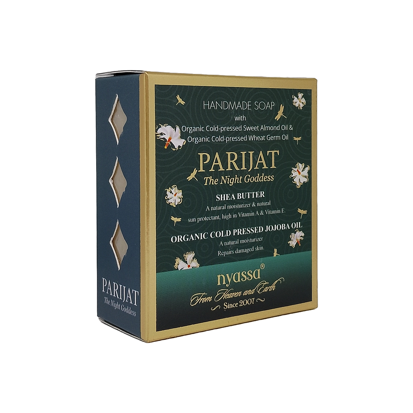 A rectangular box of Parijat The Night Goddess handmade soap by Nyssa, featuring a dark green and gold design with illustrations of jasmine flowers and bees, set against a plain white background.
