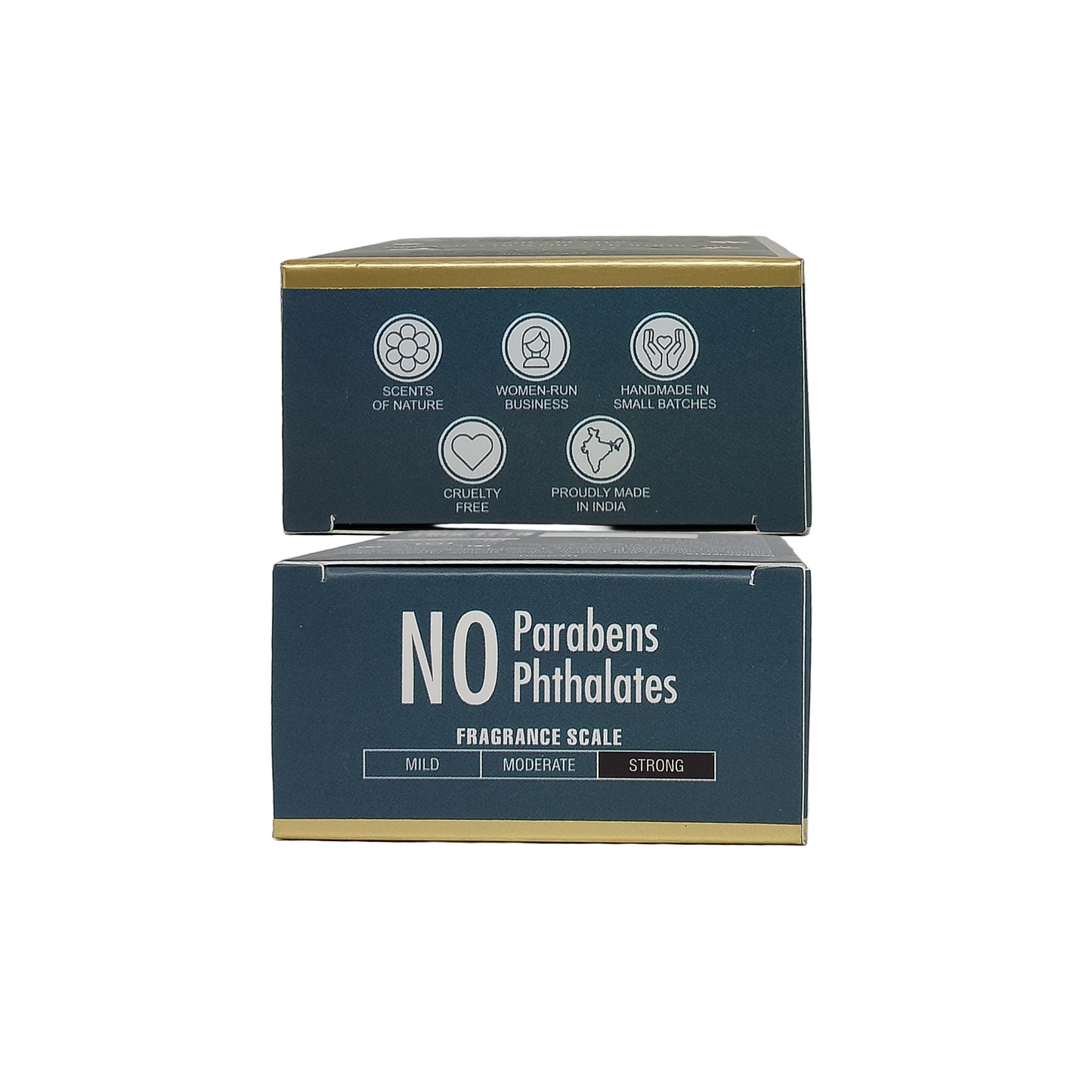 Two stacked rectangular product boxes on a plain white background. The front box is dark teal-blue with white text reading 'NO Parabens Phthalates' and a fragrance scale label.