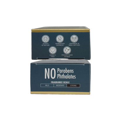 Two stacked rectangular product boxes on a plain white background. The front box is dark teal-blue with white text reading 'NO Parabens Phthalates' and a fragrance scale label.
