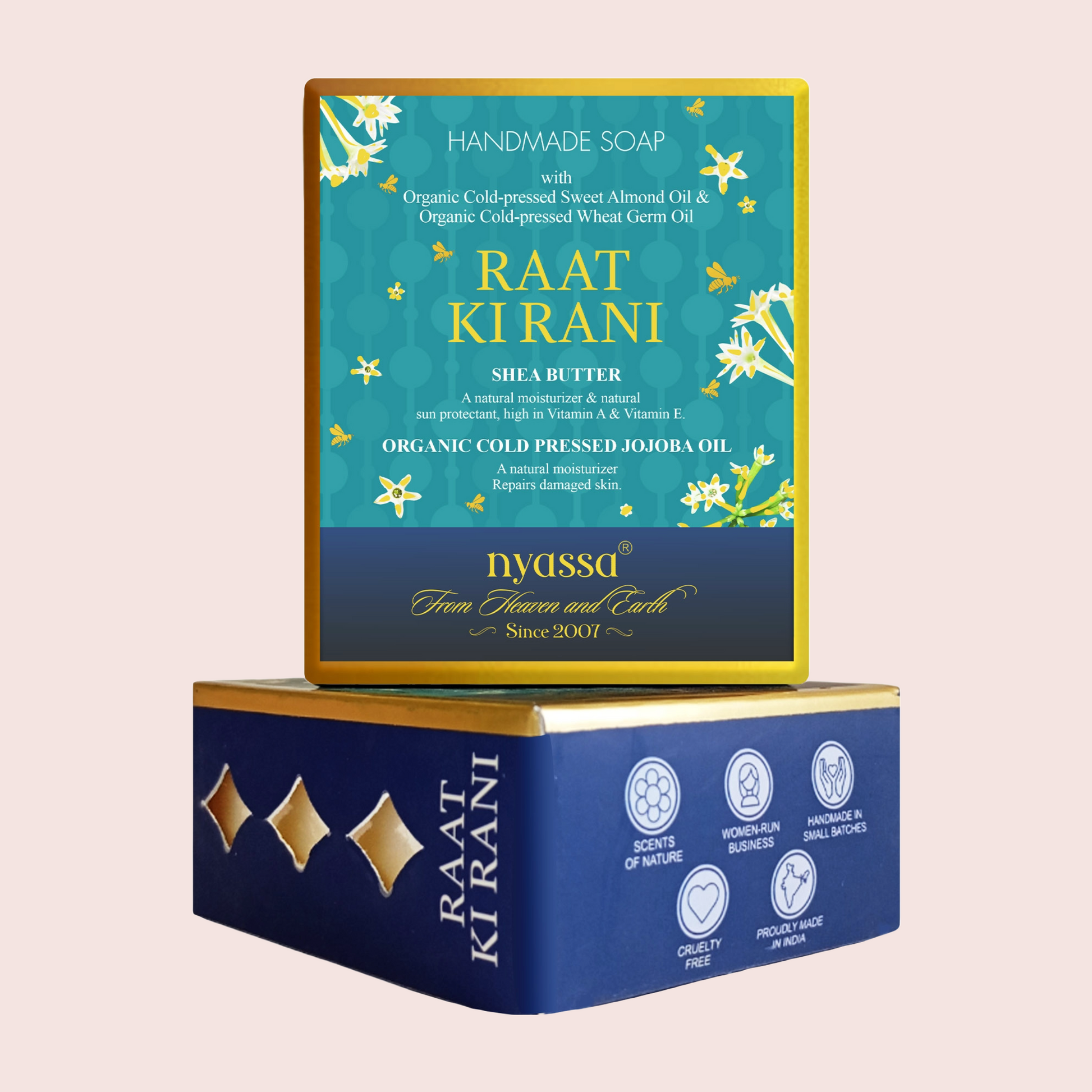 A boxed handmade soap product shown on a plain light beige background. The top box is teal with gold and white floral graphics and reads 'RAAT KI RANI' and 'nyussa From Heaven and Earth.