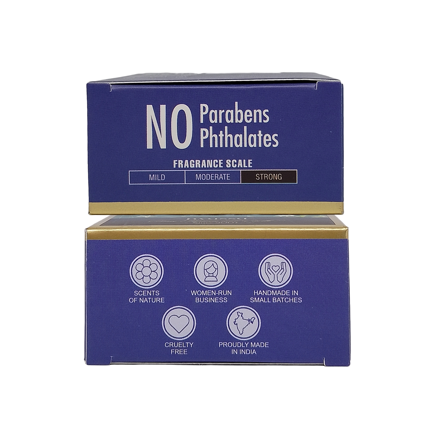 Two blue product boxes stacked vertically on a white background. The top box reads 'NO Parabens Phthalates' and 'FRAGRANCE SCALE' with mild, moderate, and strong options.
