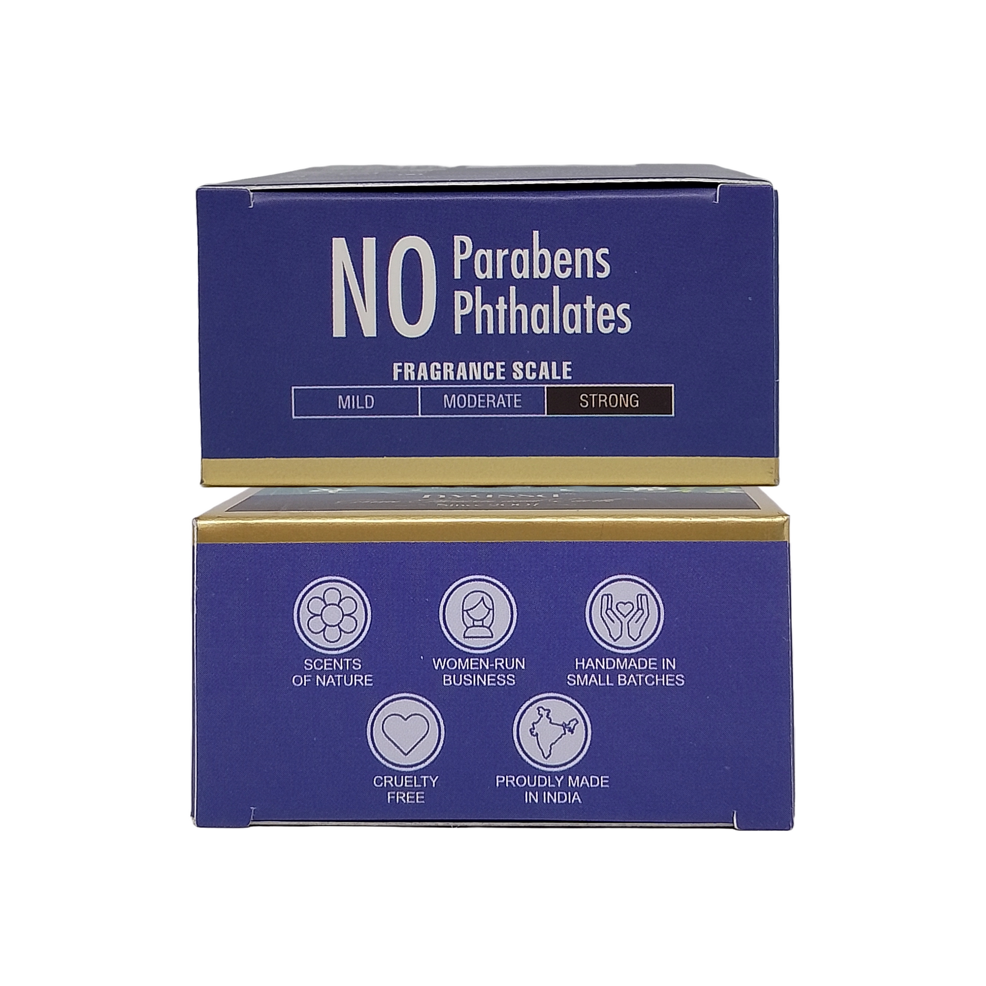 Two blue product boxes stacked vertically on a white background. The top box reads 'NO Parabens Phthalates' and 'FRAGRANCE SCALE' with mild, moderate, and strong options.