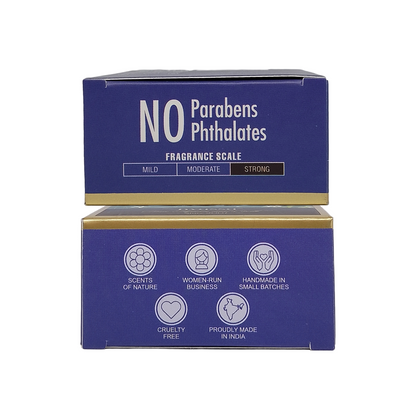 Two blue product boxes stacked vertically on a white background. The top box reads 'NO Parabens Phthalates' and 'FRAGRANCE SCALE' with mild, moderate, and strong options.