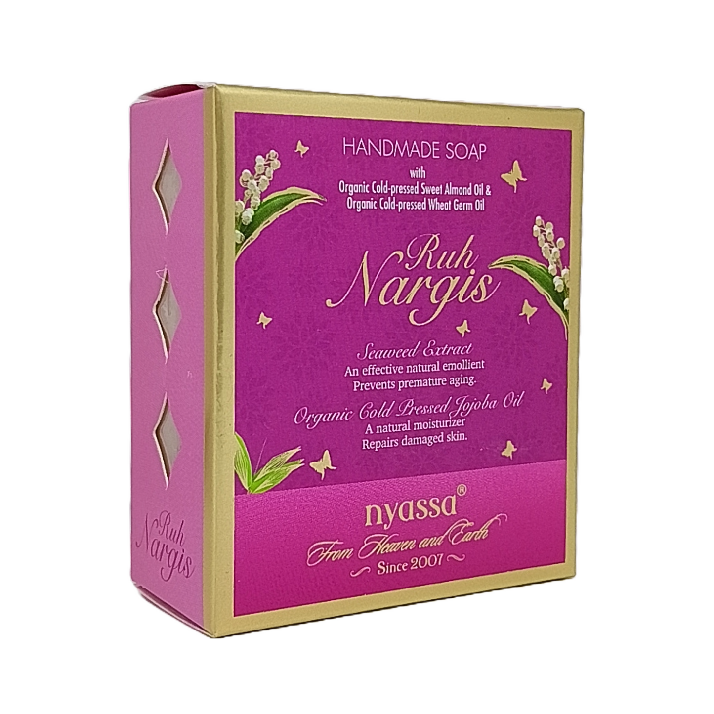 A rectangular box of Nyassa Handmade Soap by Ruth Nargis, featuring a vibrant magenta-pink front panel with gold trim and botanical illustrations, set against a plain white background.
