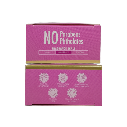 Two pink product boxes stacked vertically on a white background. The top box reads 'NO Parabens Phthalates' and 'FRAGRANCE SCALE' with mild, moderate, strong options.