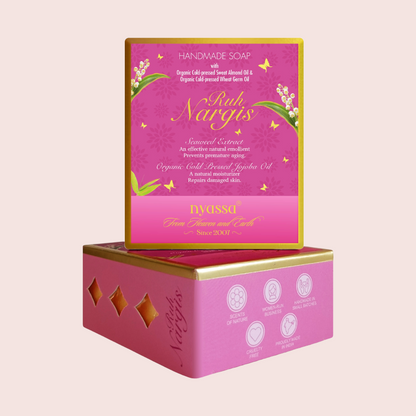 Pink and gold boxed handmade soap product shown from the front and side on a light beige background. The top box displays the front label with the brand name 'Inyssa' and product name 'Rukh Nargis', while the lower box shows the side packaging with product icons.