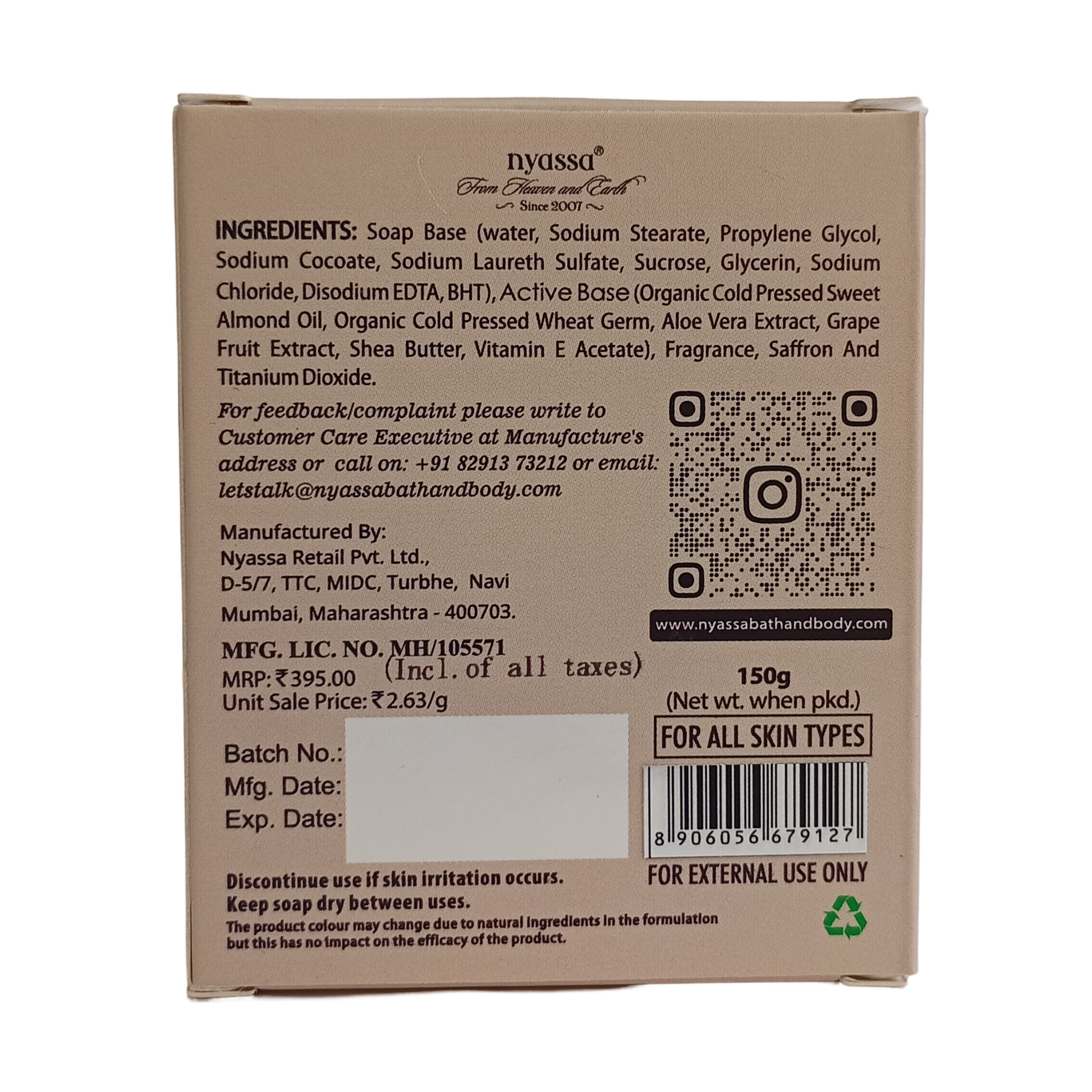 The back of a brown cardboard box for 'nyassu' Soap Base, showing product details, ingredients, contact information, a QR code, and a barcode.