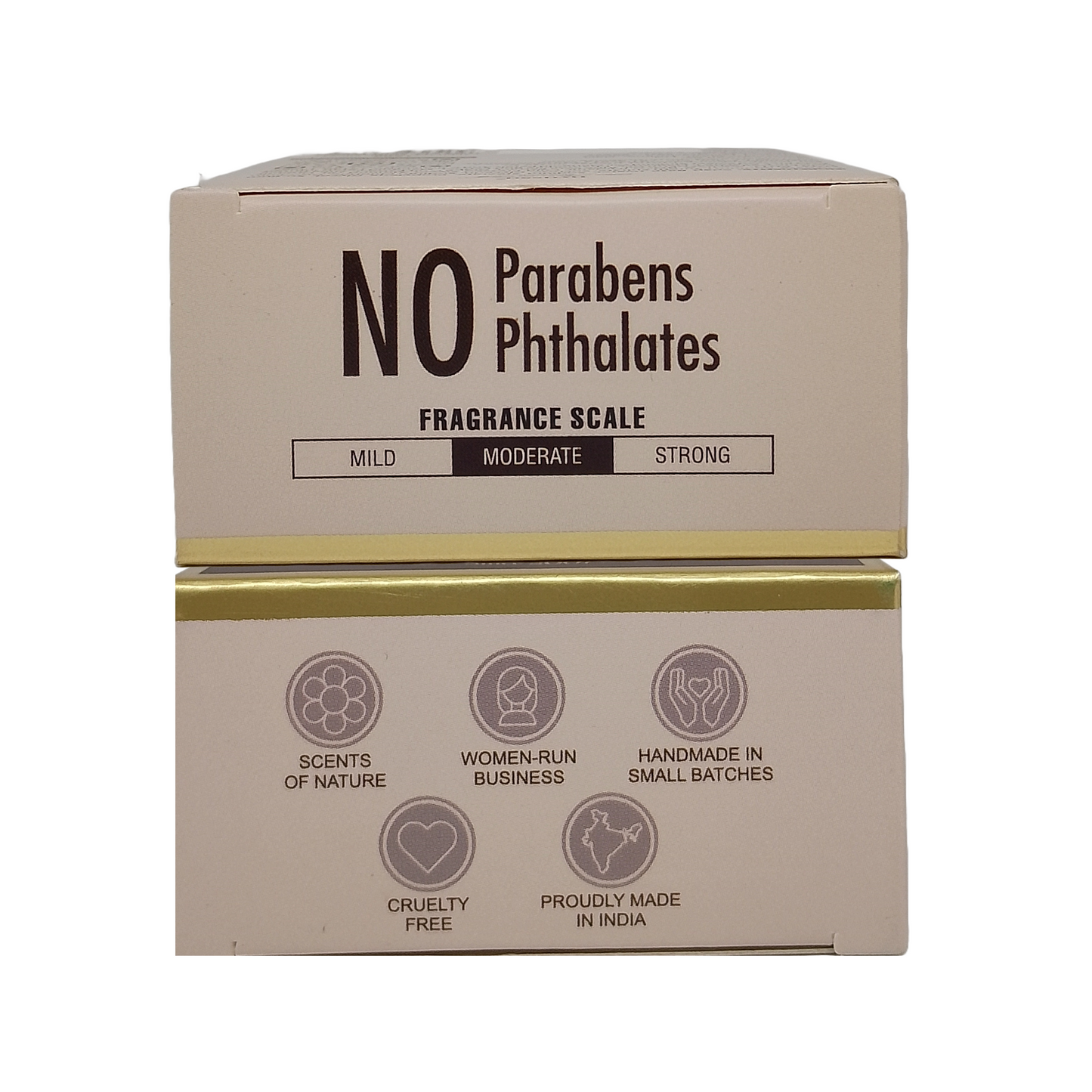 Two stacked beige product boxes with black and gold text. The top box reads 'NO Parabens Phthalates' and 'FRAGRANCE SCALE' with mild, moderate, and strong options.