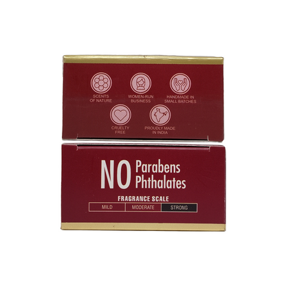Two rectangular fragrance product boxes stacked vertically on a plain white background. The boxes are dark red with gold trim and printed text including 'NO Parabens Phthalates' and 'Fragrance Scale' with mild, moderate, and strong options.