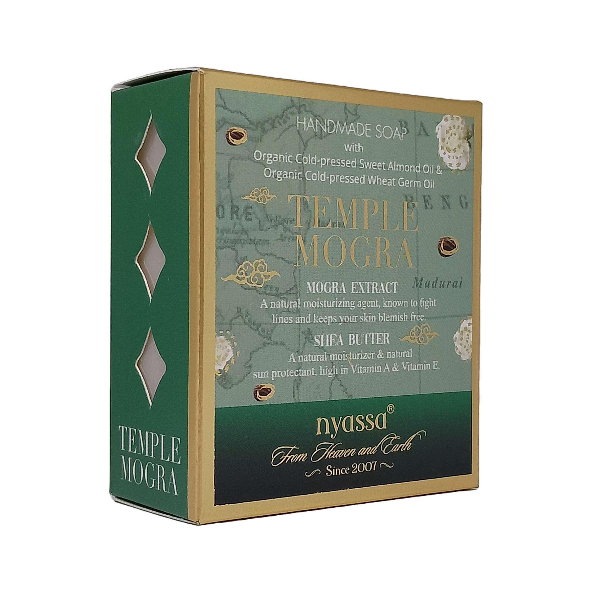 Nyassa Temple Mogra Handmade Soap box, featuring a green and gold packaging design with text detailing the ingredients and product benefits.