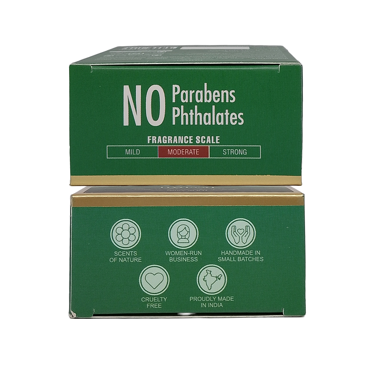 Two stacked green product boxes on a white background. The top box reads 'NO Parabens Phthalates' and 'FRAGRANCE SCALE' with mild, moderate, and strong options.