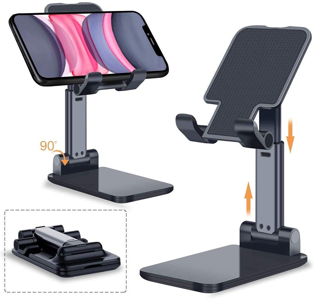 Adjustable phone and tablet stand with multiple angles shown on a white background