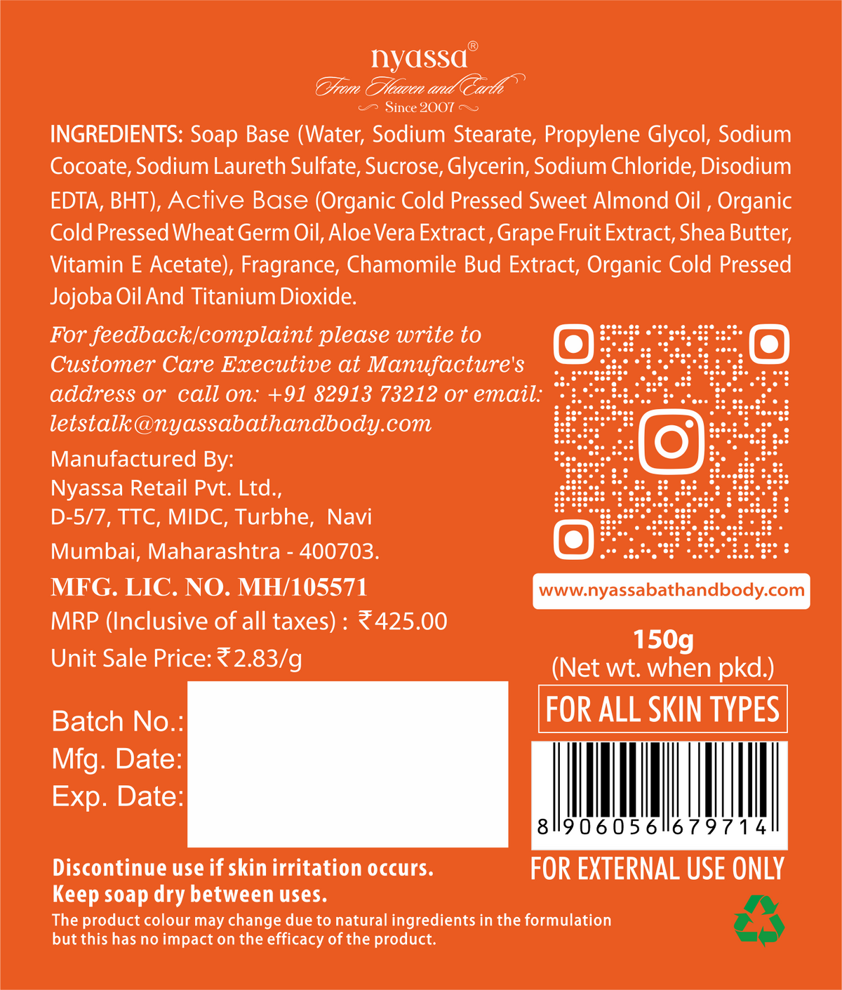 Orange product information label for Nyassáa soap base, showing ingredients, contact details, a QR code, barcode, and usage notes in white text.