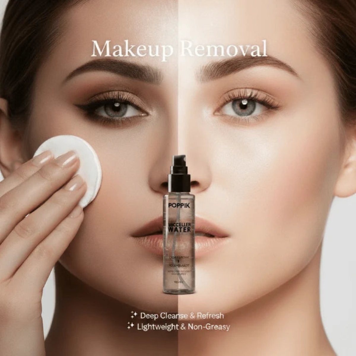 Close-up of a woman's face with makeup removal demonstration: a cotton pad on one side and a clear Poppik Makeup Removal bottle centered over the nose. Text reads 'Makeup Removal' and 'Deep Cleanse & Refresh' with 'Lightweight & Non-Greasy.