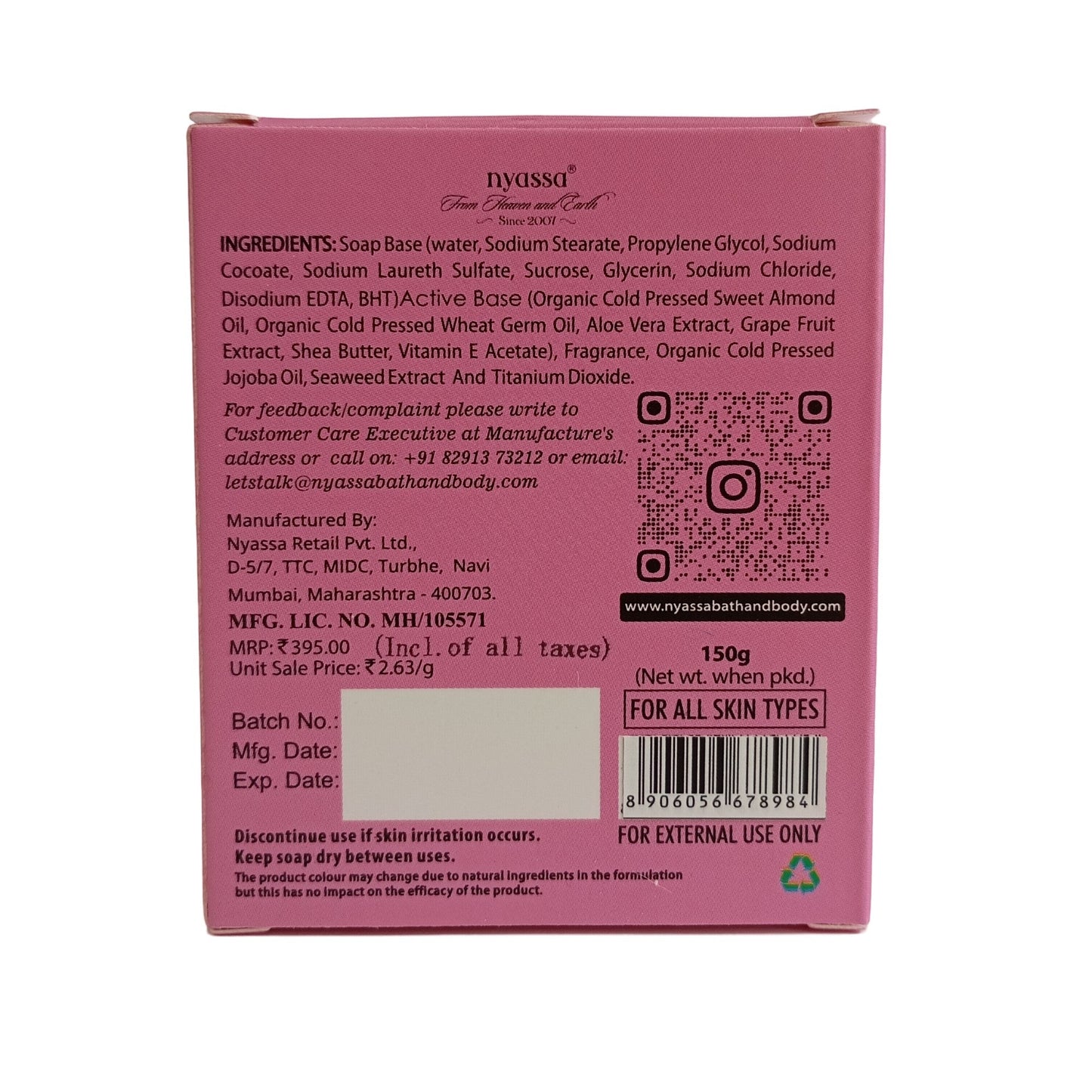 The back of a pink soap bar package, showing product details, ingredients, a QR code, barcode, and manufacturer information for Nyussa Soap Body.