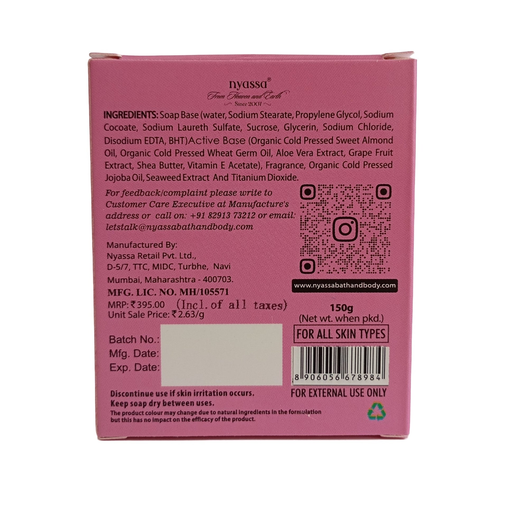 The back of a pink soap bar package, showing product details, ingredients, a QR code, barcode, and manufacturer information for Nyussa Soap Body.